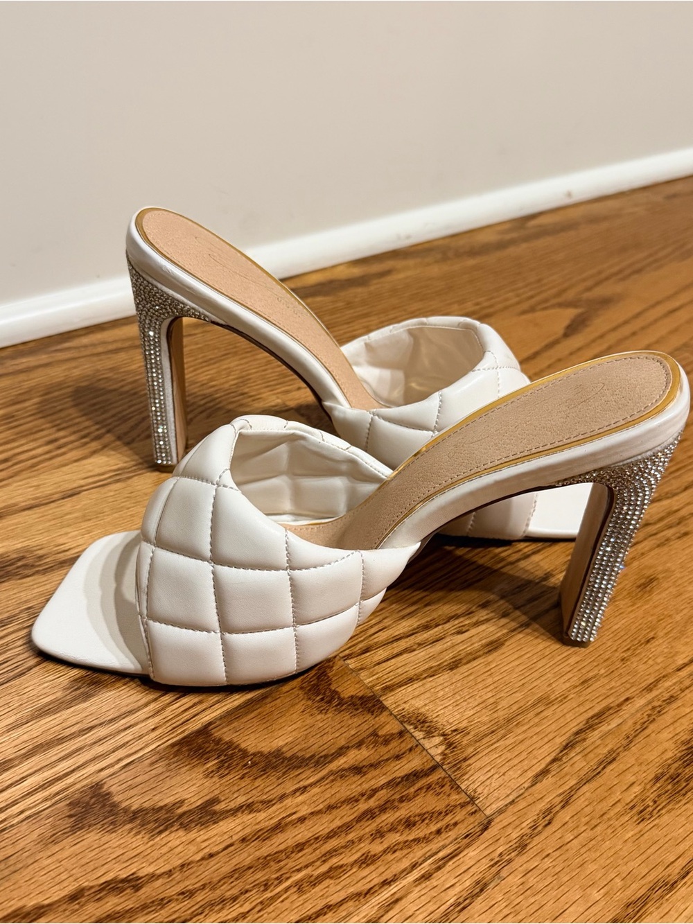 White Quilted Open-Toe Stiletto Mule with Embellished Bling Heel